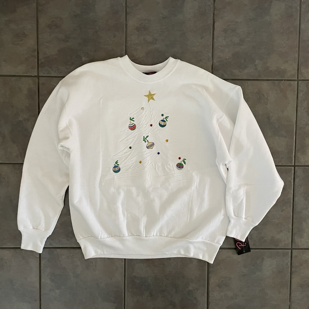 Vtg Women Grandcore white crewneck L sweatshirt Christmas Ornaments Sparkle NWT